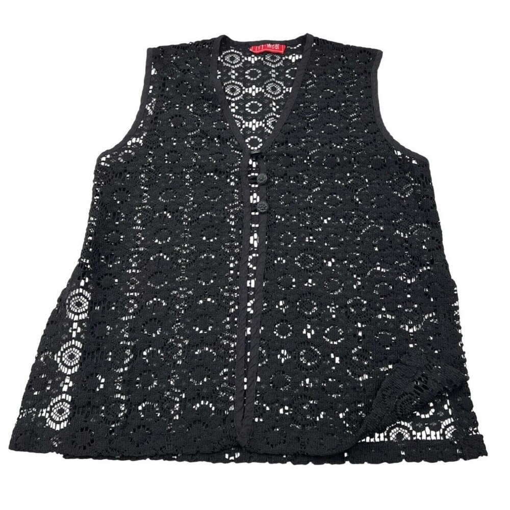 Vintage Ivy Wear Black Crochet Lace Button-Up Vest Top Women's Medium